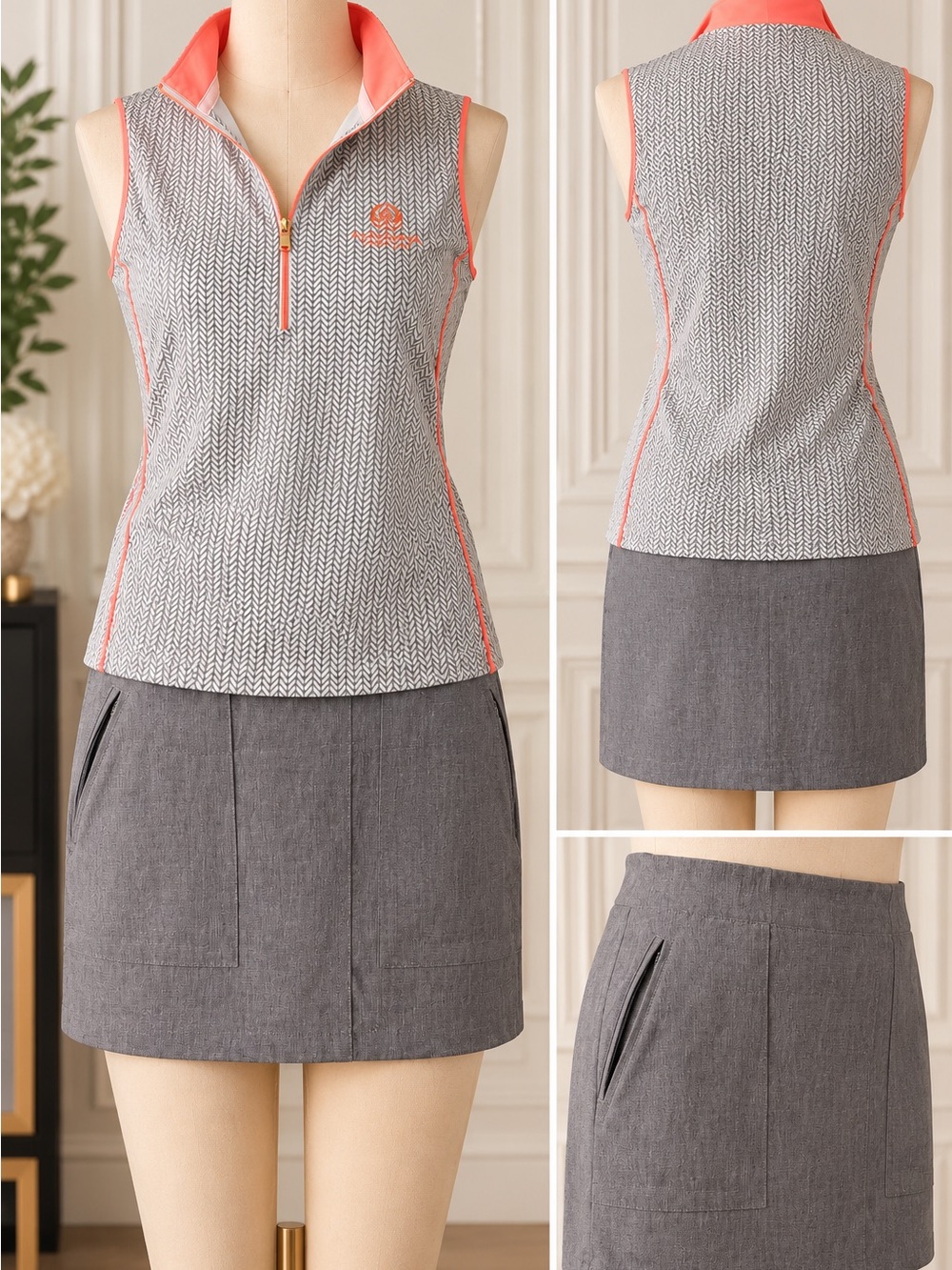 2 piece set-Fairway & Greene Gray Chevron Sleeveless Golf Top with Coral Trim